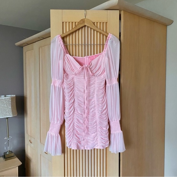 Sugar thrillz mesh puff sleeve ruched mini dress pink dolls kill - Picture 2 of 8